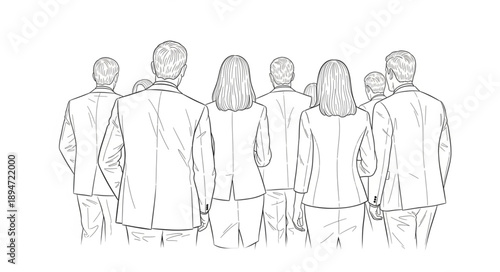 Group of people seen from behind in a sketch style.