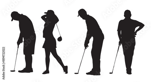 silhouette set of diverse male and female golfers in action