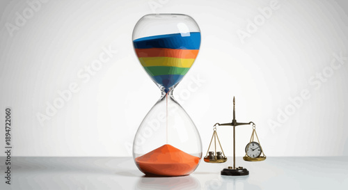 Time balance and equality concept illustration representing fair time management, work life balance, deadline pressure, time comparison, decision making balance, productivity versus rest, equal distri