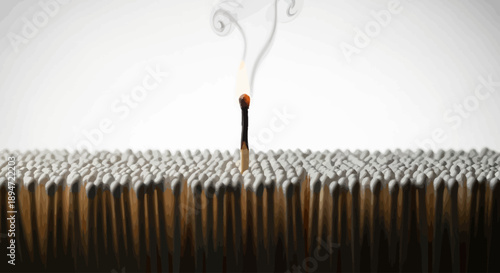 Burning matchstick and burnout concept representing stress, exhaustion, risk, pressure, work overload, business failure warning, mental fatigue, energy depletion, crisis situation, leadership stress, 