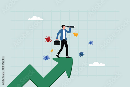 Post-pandemic vision, the concept of economic prospects after the crisis, entrepreneurs standing on a rising growth chart using a telescope to see the way forward amidst the virus outbreak.