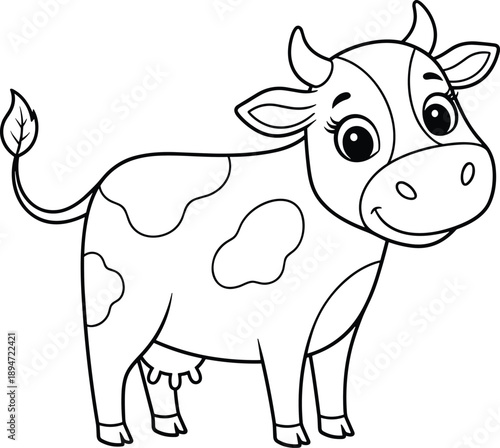 Cute Cartoon Dairy Cow Line Art Illustration For Kids Coloring Book Featuring Smiling Farm Animal With Spots And Horns Isolated On White Background For Education