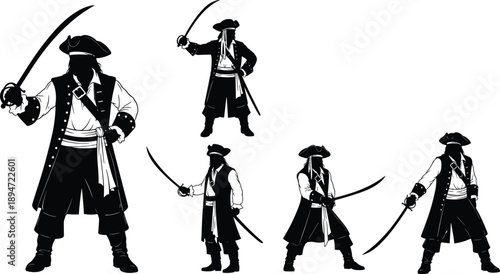 Pirate swordsman silhouettes set, historical buccaneer characters with sabers, black vector illustration isolated on white background for fantasy adventure design