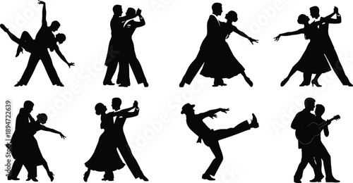 Dance couple silhouettes set, ballroom tango and salsa dancers performing elegant moves, black vector illustration isolated on white background