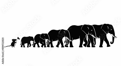 Small mouse follows a line of elephants, symbolizing growth and following a path.