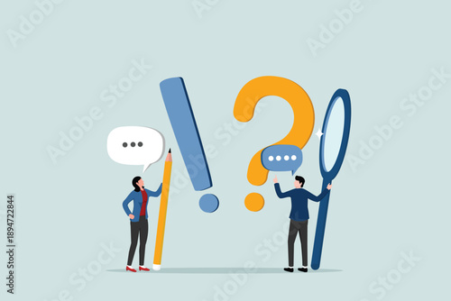 Questions and answers, FAQ, frequently asked questions or troubleshooting, solutions or support idea concepts, businessmen and women with exclamation marks, question marks with speech bubbles.