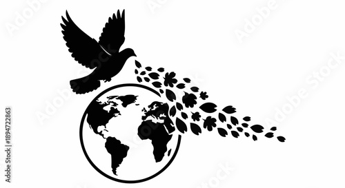 Dove carries leaves symbolizing nature's renewal and hope around the world.