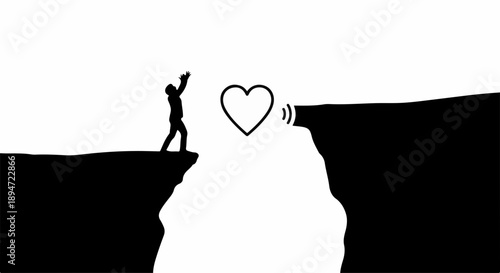 Silhouette reaching for a heart symbol bridging a gap, symbolizing connection and hope.