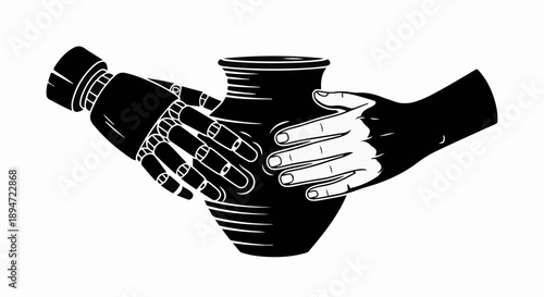 Human and robot hands collaborating to shape a clay pot, symbolizing innovation and tradition.