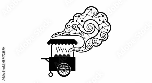 Whimsical food cart with stylized steam rising into a network pattern