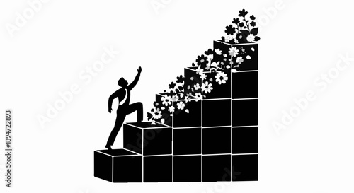 Silhouette of determined businessman climbing stairs towards success, symbolizing ambition and achievement