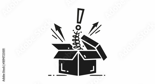 Surprise spring pops out of an open box with radiating lines and an exclamation mark