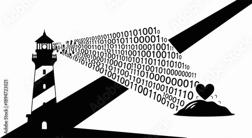 Lighthouse beams binary code transforming into a heart, symbolizing data-driven love and connection.