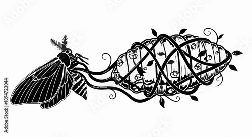 Mysterious moth emerges from ornate, vine-entangled chrysalis with floral details, symbolizing transformation and nature's artistry.