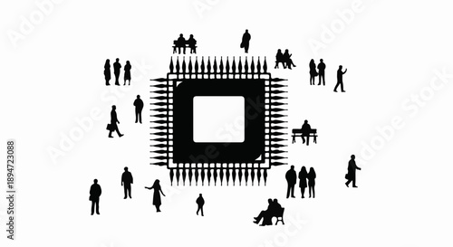 Silhouetted people interact around a large central microchip, symbolizing technology's impact on society.