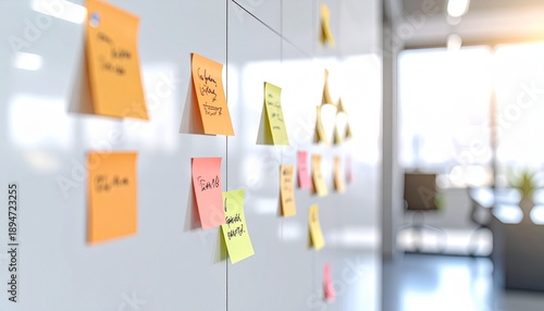 Office Whiteboard with Sticky Notes for Business Planning, Brainstorming, and Management Strategy Concept