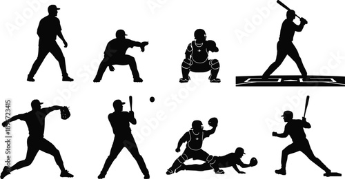 Complete Collection of Baseball Player Silhouettes Featuring Batting Pitching Catching and Fielding Action Poses for Team Sports Coaching Training and Athletic Competition Vector Illustration