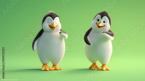 Charming 3D illustration of two happy penguins sharing a joyful moment together, with a soft green background creating a whimsical atmosphere