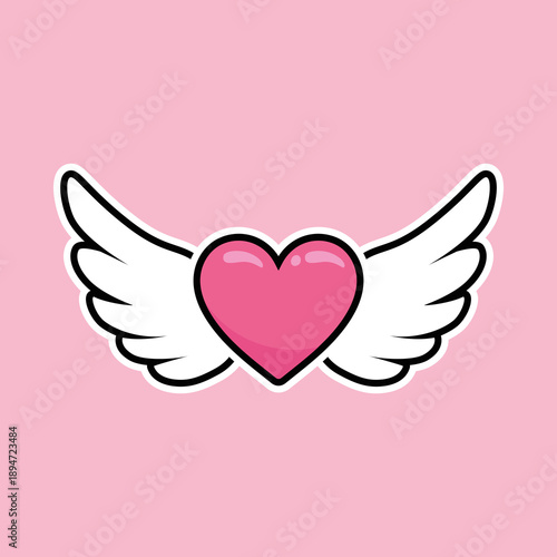 Pink heart with white wings. Set of cute love symbols. Heart tattoo. Pink and white color icons. Hearts for design. Love, romance vector icons. For gifts, Valentine's Day, birthday, party decor, cards