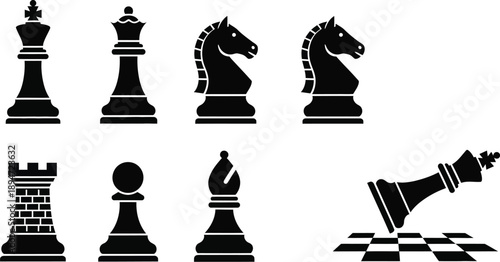 Six standard chess pieces: King, Queen, Bishop, Knight, Rook, and Pawn chessboard vector