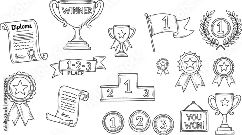 Hand Drawn Victory and Award Doodle Collection Featuring Winner Trophies Gold Medals First Place Ribbons Pedestal Laurel Wreath Diploma Scrolls and Sports Competition Success Elements