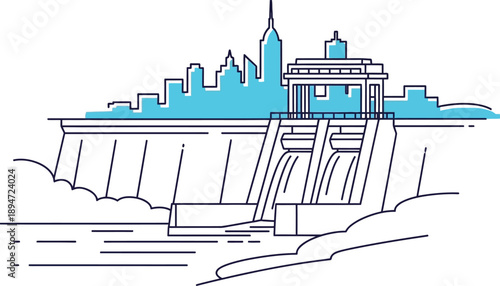Minimalist line art illustration depicting a large hydroelectric dam generating power near a modern city skyline silhouette using blue accents