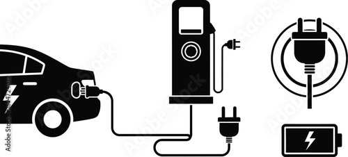 Electric vehicles (EVs) and renewable energy. Sustainability and green technology.  electric cars, charging stations, and charging plugs. EVs charging dashboard. 
