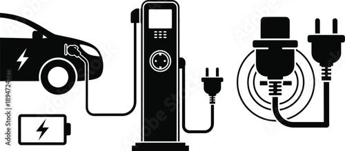 Electric vehicles (EVs) and renewable energy. Sustainability and green technology.  electric cars, charging stations, and charging plugs. EVs charging dashboard. 
