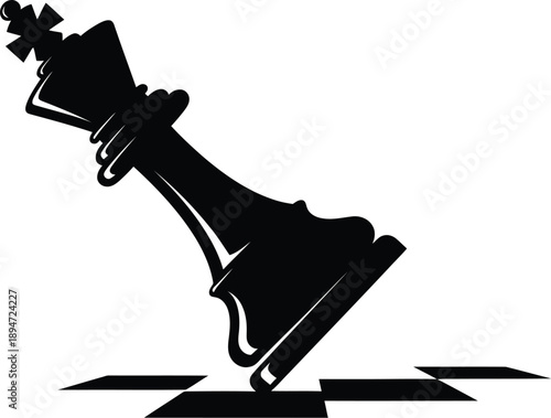 Chess king piece falling over on a checkered board, checkmate or defeat in the game of chess. 