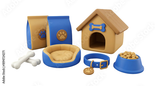 Set of dog care accessories including house bed and collar in 3D cartoon style
