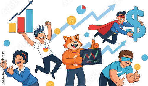 Diverse group of joyful investors and a mascot celebrate significant financial growth illustrated with upward trending charts and floating currency symbols