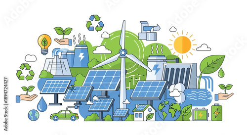 Illustration depicting various renewable energy sources working together for a sustainable future including solar wind and hydroelectric power generation