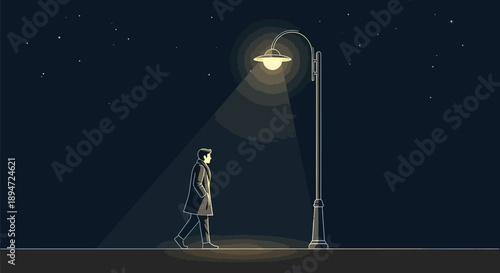 Stylized outline illustration depicting a solitary man walking beneath a glowing street lamp on a dark, starry night suggesting loneliness or contemplation