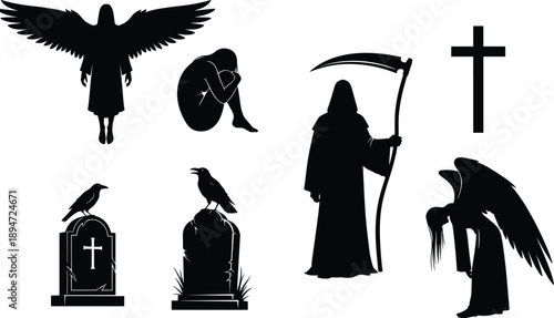 Gothic Horror Silhouette Collection Featuring Grim Reaper With Scythe Angel Of Death Mourning Figures Gravestones With Ravens And Christian Cross For Halloween Or Cemetery Concept Art