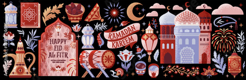Ramadan Kareem. Eid al-Fitr. Vector illustrations of lanterns, mosque domes, arche, ornament, food, iftar, Koran, festive muslim holiday design elements for poster, greeting card, icons or postcard