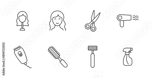 Hair salon set icon. Scissors, dryer, clipper, brush, razor, spray, mannequin, woman, styling, haircut, beauty, grooming, tools, care