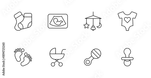 Baby items set icon. Socks, ultrasound, hanging mobile, baby suit, footprints, stroller, rattle, pacifier drawn in infant care outline style.