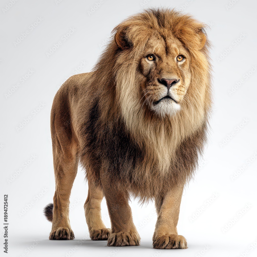 Obraz premium Calm lion full-body image in a clean white studio setting
