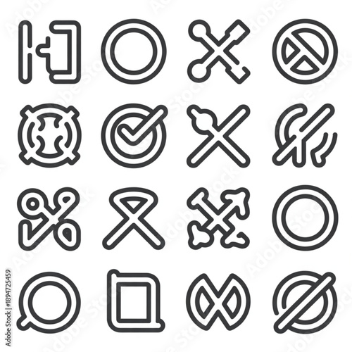 Collection of sixteen black and white vector icons representing various symbols and actions in a grid layout on a plain background