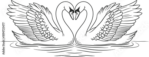 Elegant Two Swans Line Art Illustration Floating On Water Forming Heart Shape With Necks Symbolizing Romantic Love Grace Wedding Anniversary And Peaceful Nature Relationship