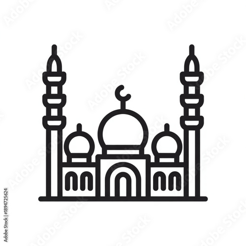 Black and white vector icon of the Taj Mahal monument building with domes and minarets, illustration of historical architecture, cultural landmark