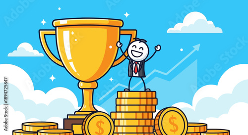 Happy Businessman Standing on Stack of Coins with Trophy.