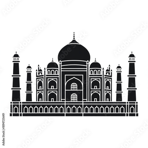 Vector illustration of the Taj Mahal monument in a minimalist black and white style from a frontal viewpoint