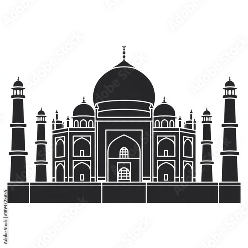 Vector icon of Taj Mahal with intricate details and architectural beauty in a black and white illustration from a front viewpoint