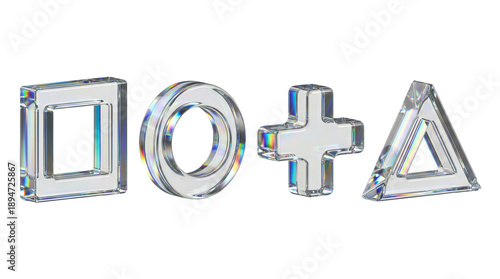 Set of geometric PlayStation symbols in crystal glass style with iridescent prismatic reflections.