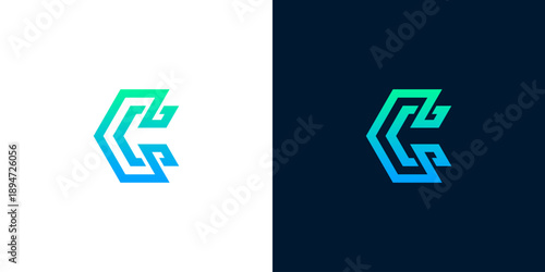 Modern abstract letter C logo design with gradient blue and green colors on white and dark backgrounds, clean geometric branding concept