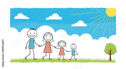 Happy cartoon family walking together outdoors on a sunny day.