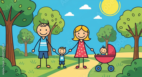 Happy cartoon family with two children and a baby in a stroller enjoying a sunny day outdoors in a park with trees and grass.
