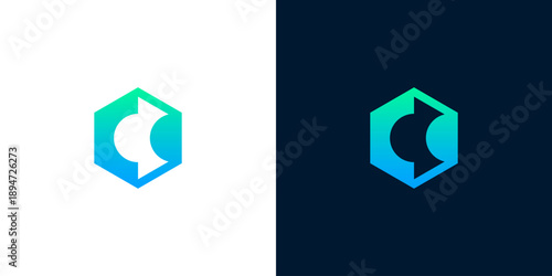 Dynamic abstract letter C logo design, featuring a vibrant blue-green gradient within a sleek hexagonal frame, symbolizing innovation, digital solutions, and modern technology concepts