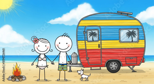 Happy Couple Camping with Dog and Trailer on Beach.